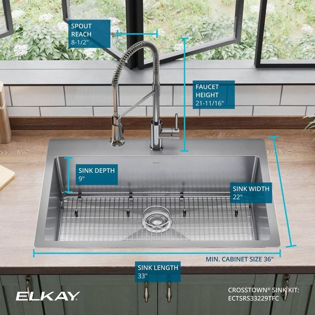 Elkay Crosstown® 4-Piece Polished Satin 33" x 22" x 9" 1-Hole Single Bowl Dual Mount Sink Set with Faucet-3