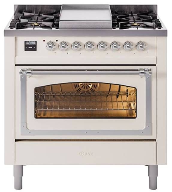 Ilve® Nostalgie II Noblesse 36'' Antique White Pro Style Dual Fuel Range with Chrome Trim-0