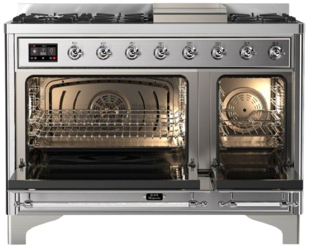 Ilve® Majestic III 48" Stainless Steel Pro Style Dual Fuel Liquid Propane Range with 8 Burners and Chrome Trim-1