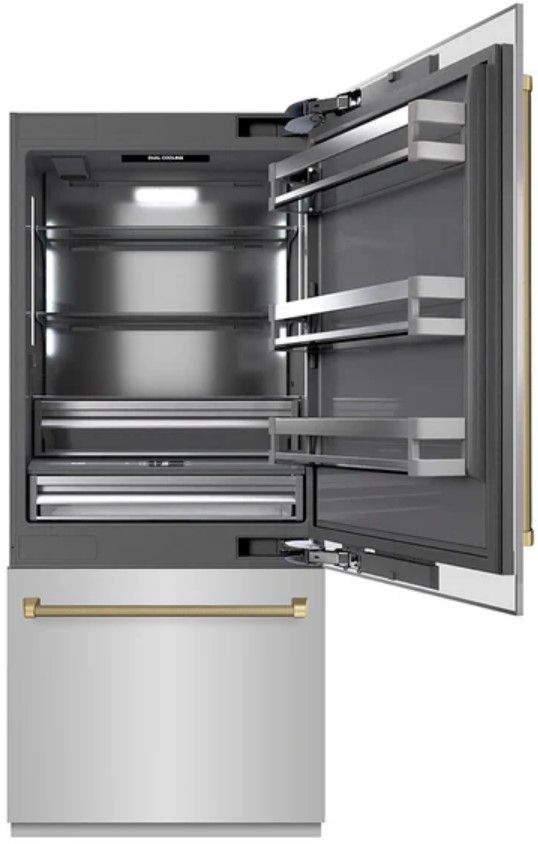 ZLINE Autograph Edition 36" 19.8 Cu. Ft. Stainless Steel Built In Bottom Freezer Refrigerator with Water Dispenser, Ice Maker, Graphite Gray Interior and Champagne Bronze Helix Handles-2