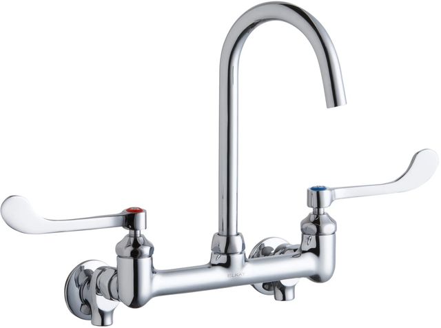 Elkay Chrome 8" Centerset Wall Mount Laminar Flow Faucet with Offset Inlets and Stop-0