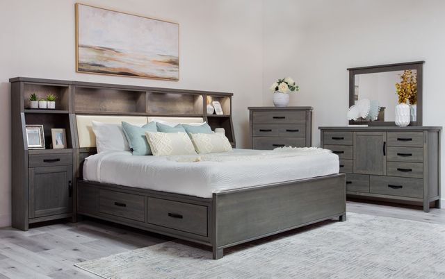 Mako Wood Furniture Jetty Gray Queen Upholstered Bookcase Bed with Drawers -1