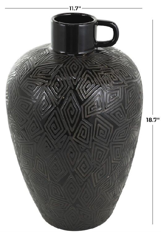 Deco Marche Black Ceramic Vase with Geometric Etching and Handle-3
