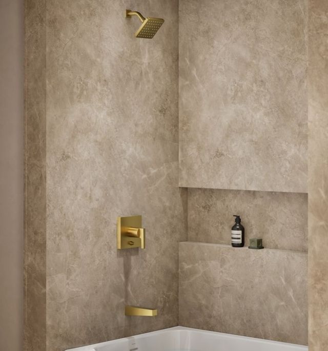 KOHLER® Honesty® Rite-Temp® Vibrant Brushed Moderne Brass 2.5 GPM Bath and Shower Trim Kit with Push-Button Diverter-1