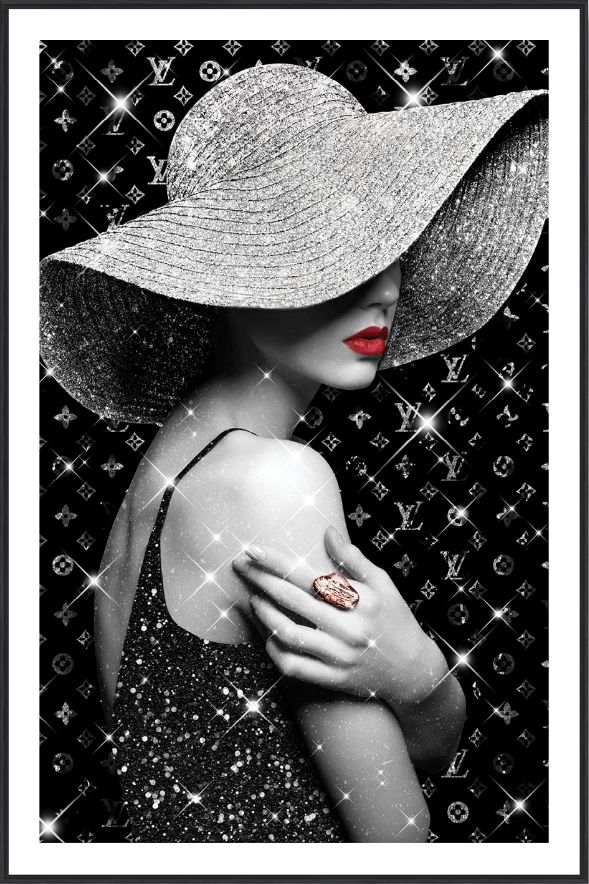 Classy Living Dramatic Glamorous Woman with Hat in Glitter Art Wall Art-0