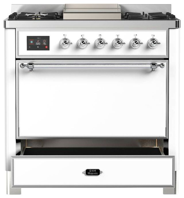 Ilve® Majestic III 36" White Pro Style Dual Fuel Natural Gas Range with Solid Door and Chrome Trim-3