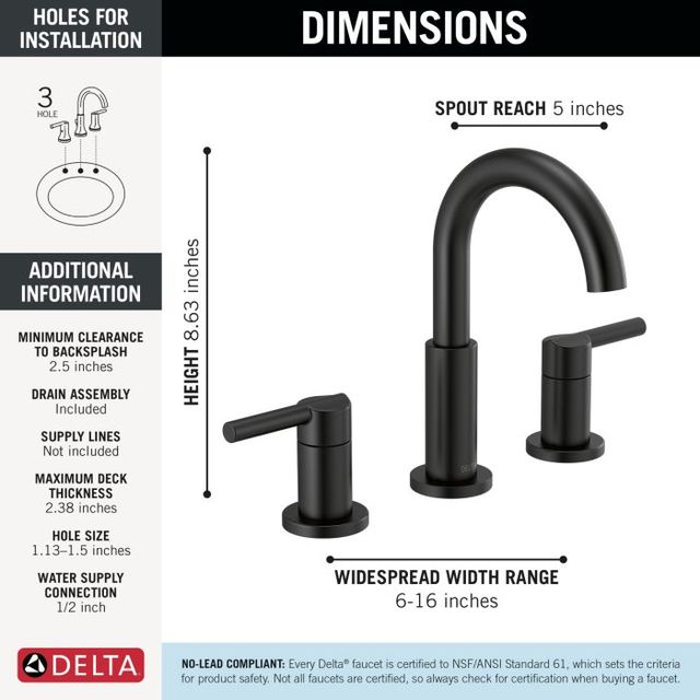 Delta Nicoli® Matte Black 2-Handle Widespread Bathroom Faucet-3