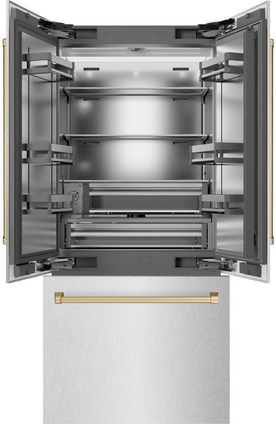 ZLINE Autograph Edition 36" 19.6 Cu. Ft. Satin Stainless Steel Built-In French Door Refrigerator with Champagne Bronze Accents-1