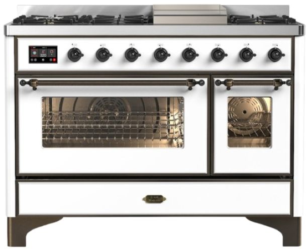 Ilve® Majestic III 48" White Pro Style Dual Fuel Liquid Propane Range with Griddle and Burnished Trim-0