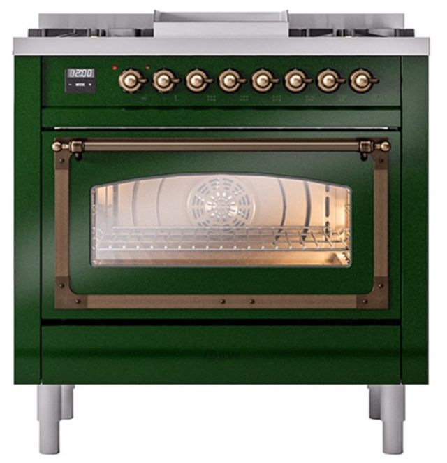 Ilve® Nostalgie II Noblesse 36'' Emerald Green Pro Style Dual Fuel Range with Burnished Trim-1
