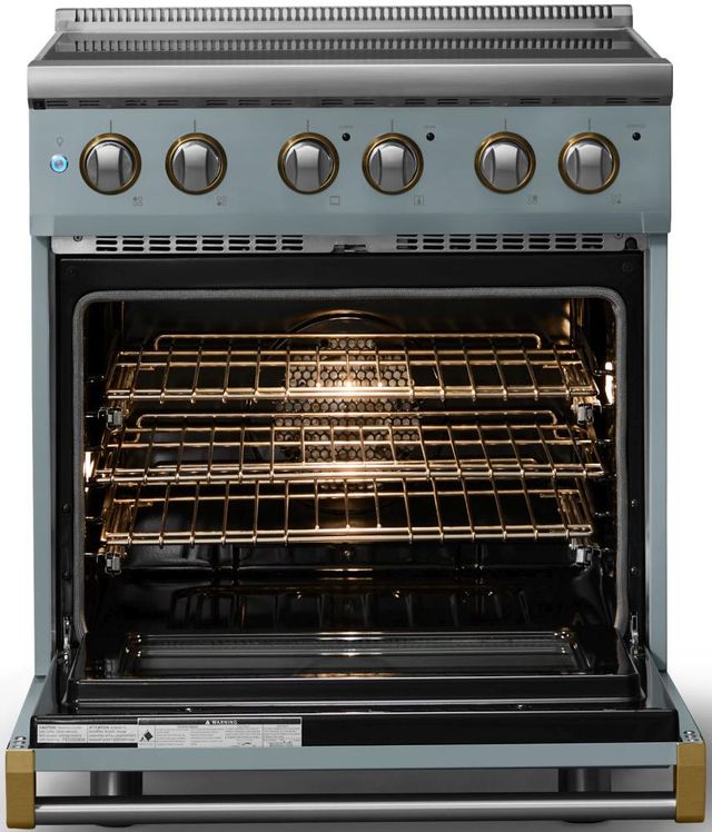 Viking® 5 Series 30" Novembery Sky Pro Style Electric Range with Brushed Brass Trim-1