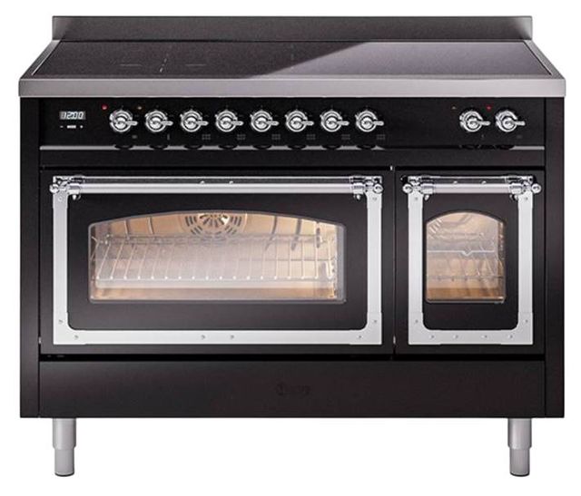Ilve® Nostalgie II Noblesse 48'' Glossy Black Pro Style Induction Range with Chrome Trim-0
