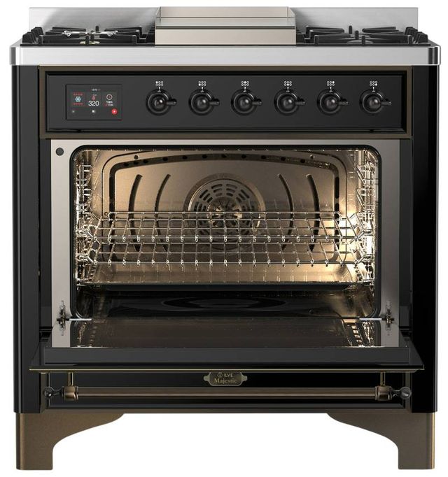 Ilve® Majestic III 36" Glossy Black Pro Style Dual Fuel Liquid Propane Range with Triple Glass Door and Burnished Trim-1