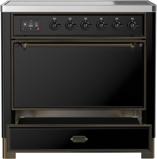 Ilve® Majestic III 36" Glossy Black Pro Style Induction Range with Solid Door and Burnished Trim-3