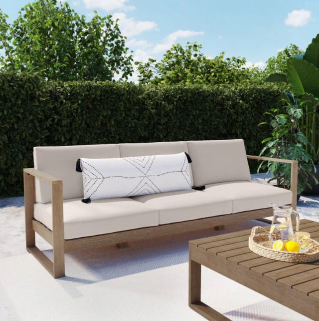 Linon Brinley Beige/Natural Brown Eucalyptus/Fabric Outdoor 3-Seater Sofa-1