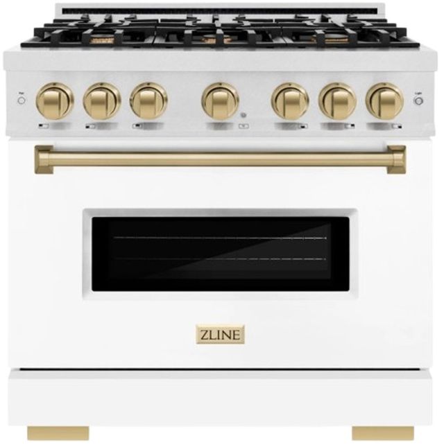 ZLINE Classic Series Autograph Edition 48" Satin Stainless Steel Pro Style Dual Fuel Range with White Matte Door and Polished Gold Accents-0