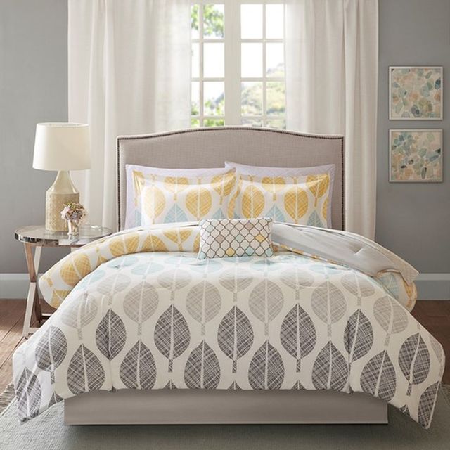Olliix by Madison Park Essentials YellowithAqua Queen Central Park Complete Comforter and Cotton Sheet Set-0