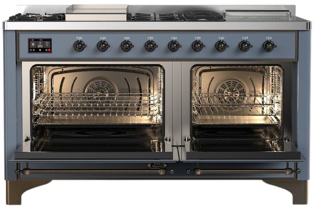 Ilve® Majestic III 60" Blue Gray Pro Style Dual Fuel Liquid Propane Range with Griddle and Burnished Trim-1