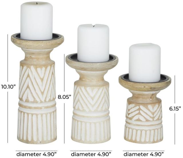 Deco Marche 3-Piece Light Brown Carved Tribal Pillar Candle Holder Set-3