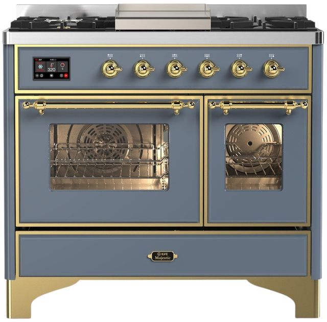 Ilve® Majestic III 40" Blue Gray Pro Style Dual Fuel Liquid Propane Range with Triple Glass Door and Brass Trim-0