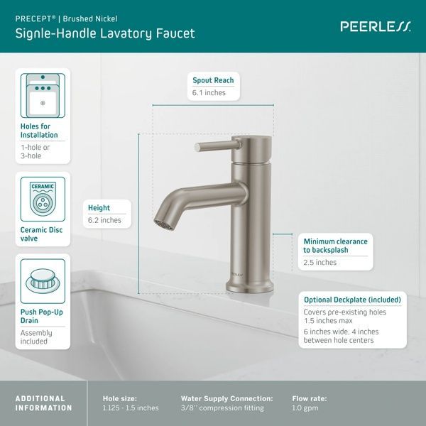 Peerless Precept® Brushed Nickel Single Top Handle Lavatory Faucet-4