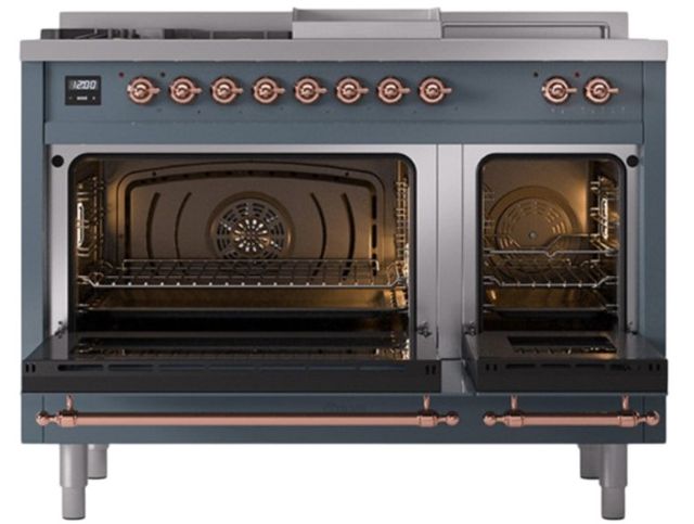 Ilve® Nostalgie II Noblesse 48'' Blue Gray Pro Style Dual Fuel Range with Copper Trim-2