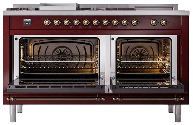 Ilve® Nostalgie II Noblesse 60'' Burgundy Pro Style Dual Fuel Range with Burnished Trim-1