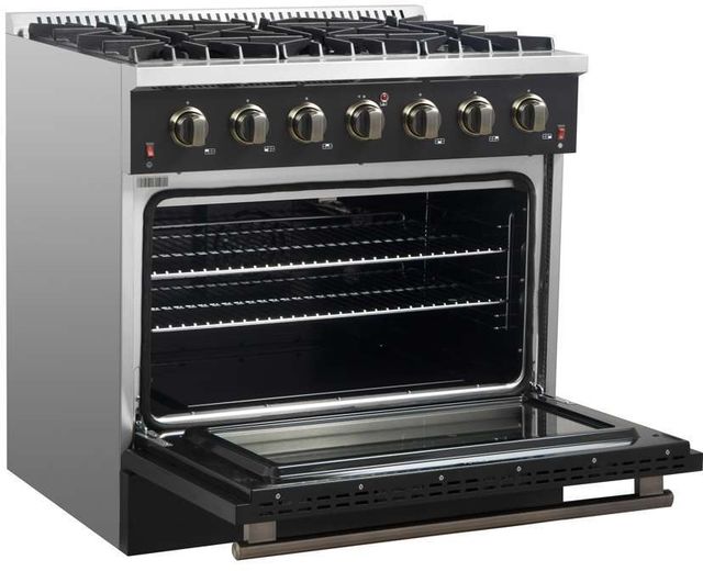 FORNO® Galiano 36" Stainless Steel Pro Style Gas Range with Black Door and Antique Brass Accents-3