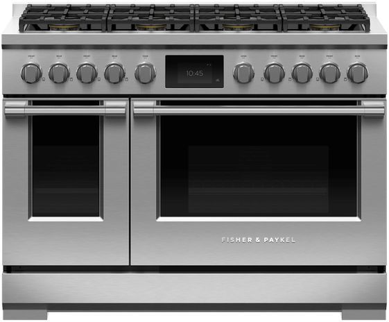 Fisher & Paykel Series 9 48" Stainless Steel with Black Glass Pro Style Dual Fuel Natural Gas Range