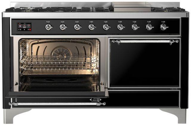 Ilve® Majestic III 60" Glossy Black Pro Style Dual Fuel Natural Gas Range with Solid Door and Chrome Trim-2