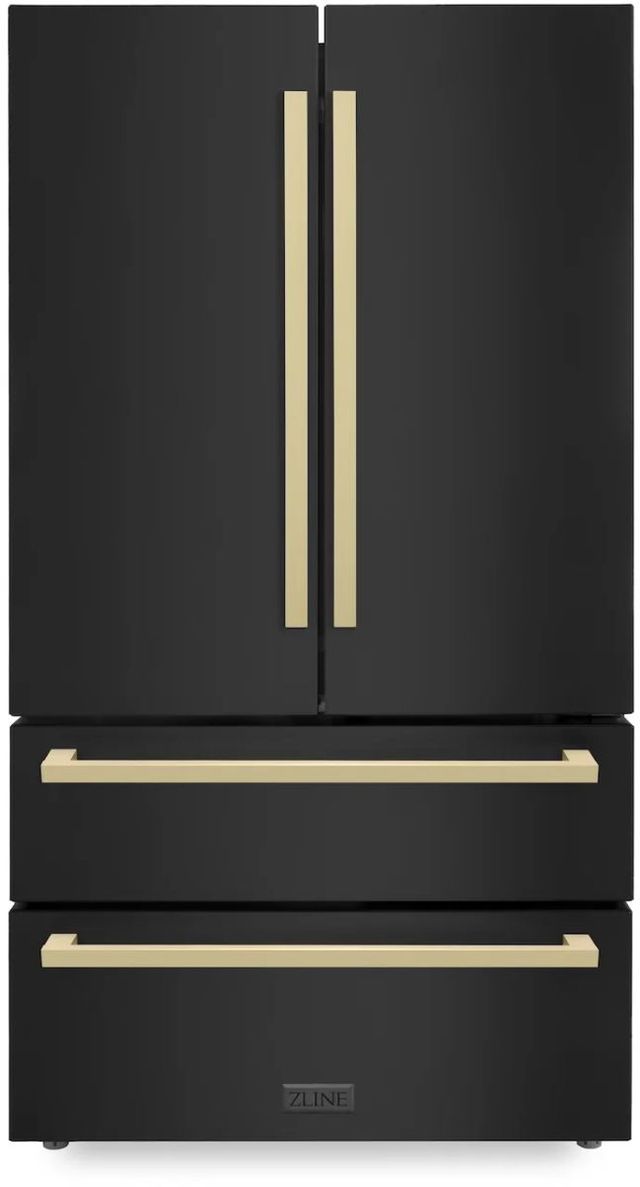 ZLINE Autograph Edition 36" 22.5 Cu. Ft. Fingerprint Resistant Black Stainless Steel Counter Depth French Door Refrigerator with Champagne Bronze Modern Handles-0