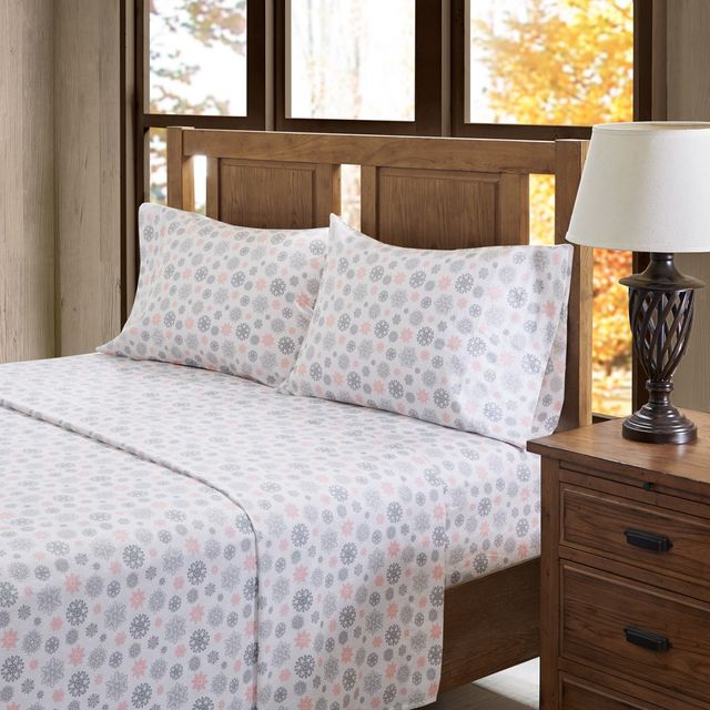 Olliix by True North by Sleep Philosophy Pink/Grey Snowflakes Queen Cozy Flannel 100% Cotton Flannel Printed Sheet Set-4