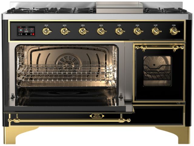 Ilve® Majestic III 48" Glossy Black Pro Style Dual Fuel Natural Gas Range with Triple Glass Door and Brass Trim-3
