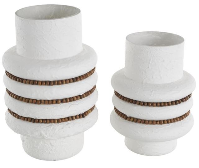 Deco Marche 2-Piece White Glass Vase with Brown Wood Beaded Stripes Set-1