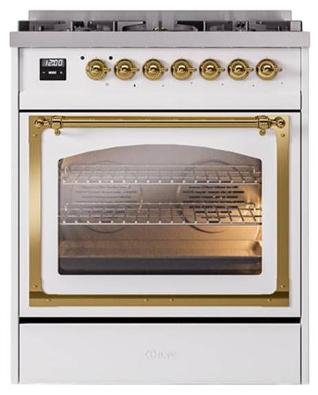 Ilve® Nostalgie II Noblesse 30" White Pro Style Dual Fuel Range with Brass Trim-1