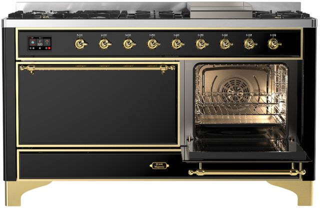 Ilve® Majestic III 60" Glossy Black Pro Style Dual Fuel Natural Gas Range with Solid Door and Brass Trim-3