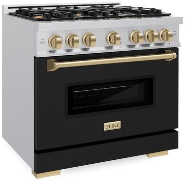 ZLINE Classic Series Autograph Edition 36" Stainless Steel Pro Style Dual Fuel Range with Black Matte Door and Champagne Bronze Accents-2