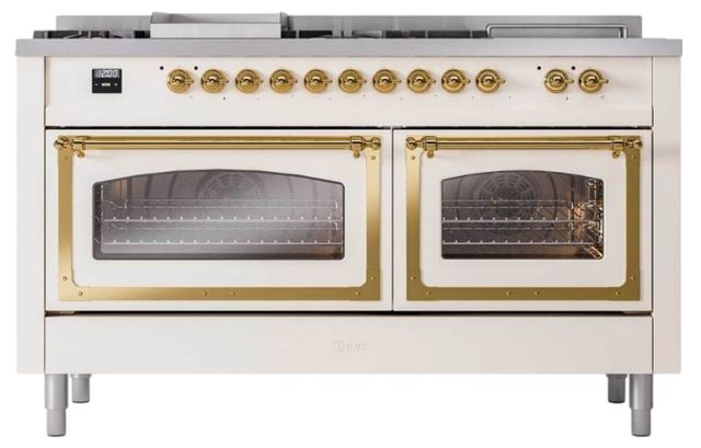 Ilve® Nostalgie II Noblesse 60'' Antique White Pro Style Dual Fuel Range with Brass Trim-1