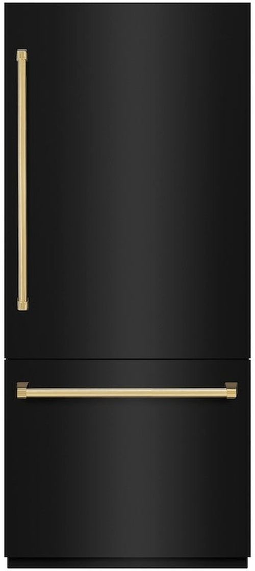 ZLINE Autograph Edition 36" 19.8 Cu. Ft. Black Stainless Steel Built-In Bottom Freezer Refrigerator with Water Dispenser, Ice Maker and Polished Gold Accents-0