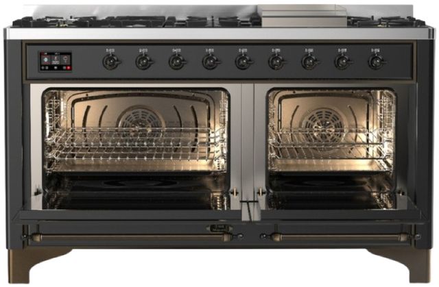 Ilve® Majestic III 60" Graphite Matte Pro Style Dual Fuel Liquid Propane Range with Triple Glass Door and Burnished Trim-1