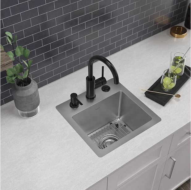Elkay Crosstown® Polished Satin 15" 3-Hole Single Bowl Dual Mount Bar Sink Kit-1