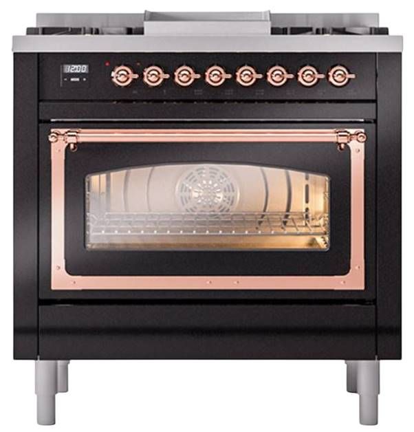 Ilve® Nostalgie II Noblesse 36'' Glossy Black Pro Style Dual Fuel Range with Copper Trim-1