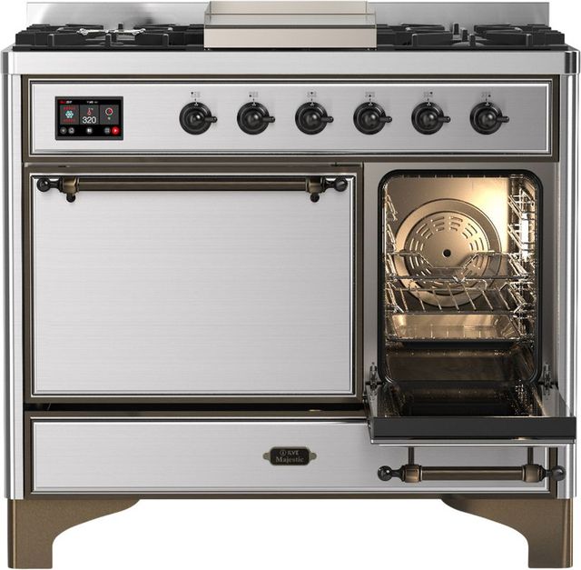 Ilve® Majestic III 40" Stainless Steel Pro Style Dual Fuel Natural Gas Range with Solid Door and Burnished Trim-3