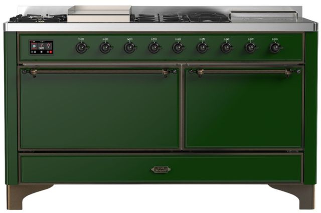 Ilve® Majestic III 60" Emerald Green Pro Style Dual Fuel Natural Gas Range with Solid Door and Burnished Trim-0