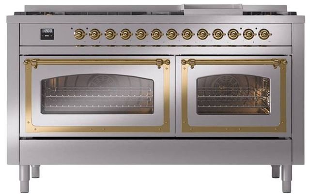 Ilve® Nostalgie II Noblesse 60'' Stainless Steel Pro Style Dual Fuel Range with Brass Trim-1