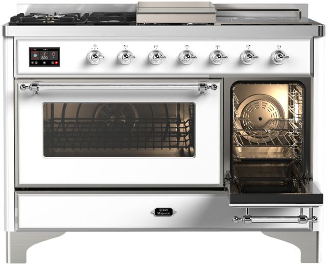 Ilve® Majestic III 48" White Pro Style Dual Fuel Natural Gas Range with 5 Black Brass Burners and Chrome Trim-3