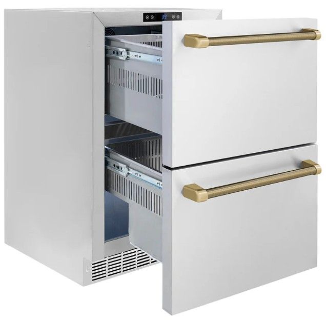 ZLINE Autograph Edition Touchstone 24 " 4.6 Cu. Ft. Stainless Steel 168 Can Outdoor-Rated Dual Refrigerator Drawer with Polished Gold Helix Handles-2