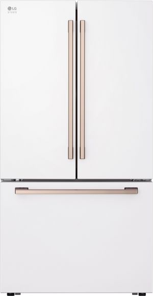 Front view of the LG Studio 36 In. 26.5 Cu. Ft. Essence White Counter Depth French Door Refrigerator