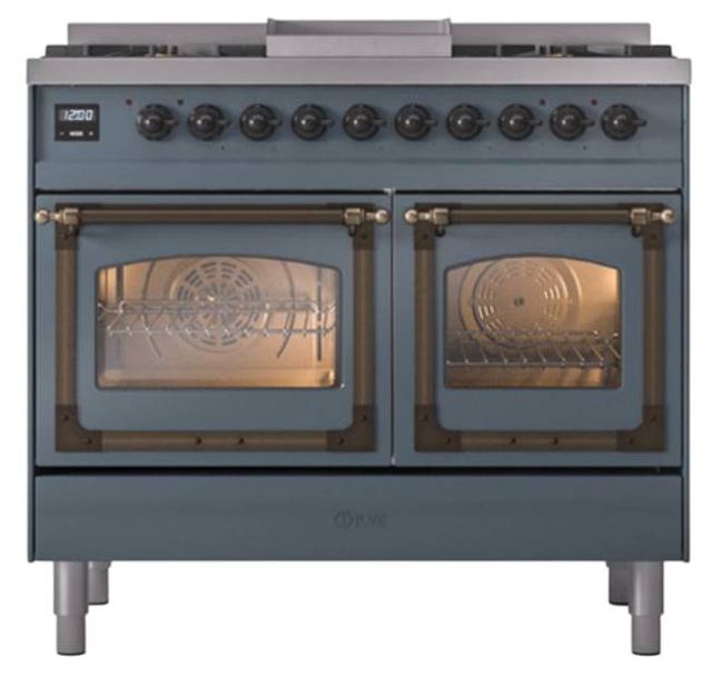 Ilve® Nostalgie II Noblesse 40'' Blue Gray Pro Style Dual Fuel Range with Burnished Trim-1