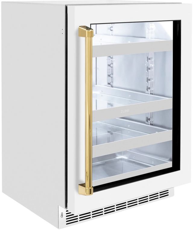 ZLINE Autograph Edition Touchstone 24" 5.2 Cu. Ft. Stainless Steel Beverage Center with White Matte Glass Door and Polished Gold Handle-2